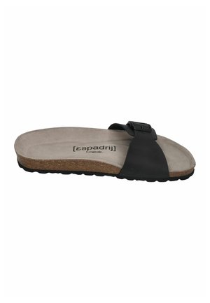 Single black slide sandal with cork footbed, beige cushioned insole, and adjustable buckle strap, branded Espadrij l'originale.