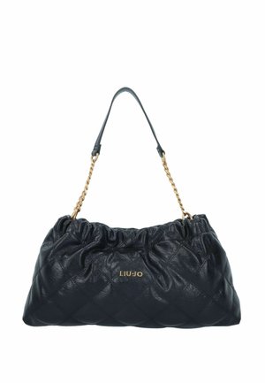 Borsa a tracolla nera in pelle trapuntata con cima arricciata, catena dorata e logo dorato sul davanti. Texture liscia, design di medie dimensioni.
