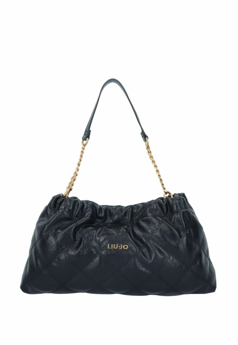 Borsa a tracolla nera in pelle trapuntata con cima arricciata, catena dorata e logo dorato sul davanti. Texture liscia, design di medie dimensioni.
