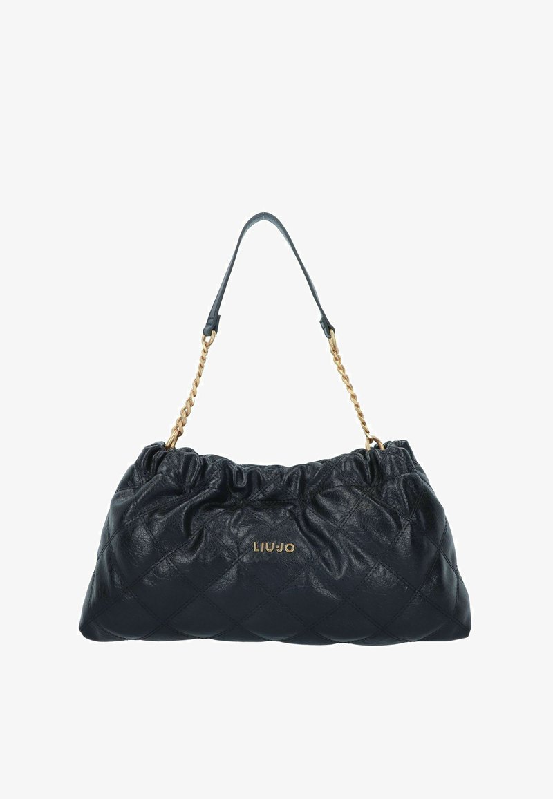 Borsa a tracolla nera in pelle trapuntata con cima arricciata, catena dorata e logo dorato sul davanti. Texture liscia, design di medie dimensioni.