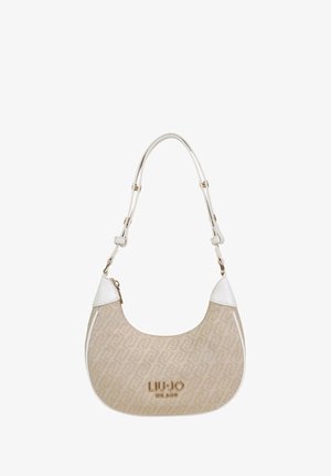 Borsa a spalla beige con corpo in tessuto a motivo e dettagli in pelle bianca. Presenta un logo dorato e una tracolla regolabile. Texture complessiva liscia.