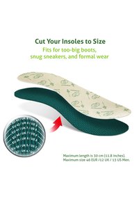 Green and beige insoles designed to be cut to size; textured green underside with a smooth, printed beige top featuring graphics. Maximum length 30 cm.