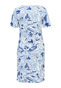 Robe courte à manches courtes, longueur genou, avec motifs floraux bleus et blancs et feuilles abstraites sur fond bleu clair.