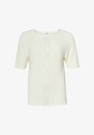 Kortärmad krämfärgad tröja med ribbad textur, som har ett centralt flätat mönster och rund halsringning. Idealisk för avslappnad klädsel.