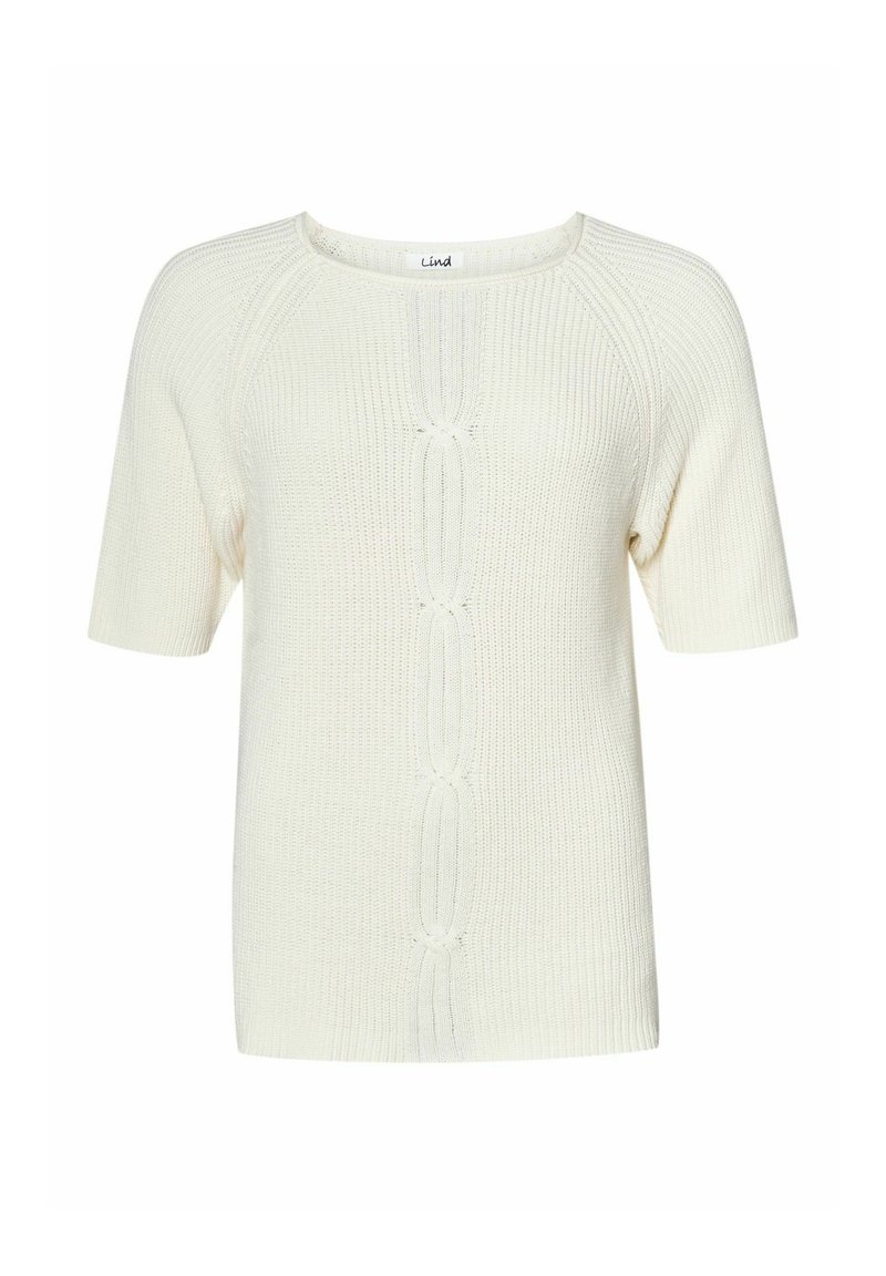 Kurzärmliger cremerfarbener Pullover mit geripptem Muster, zentralem Zopfmuster und rundem Ausschnitt. Ideal für legere Outfits.