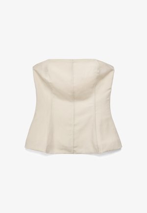 Top beige style corset sans bretelles avec coutures structurées et silhouette ajustée, présenté sur un fond blanc.
