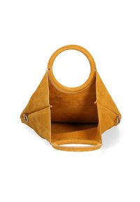 Borsa in suede gialla con manico circolare, forma triangolare aperta e una morbida texture interna; non presenta hardware o decorazioni visibili.