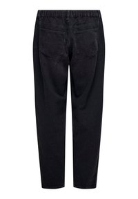 Schwarze Denim-Hose mit lockerem Schnitt, elastischem Bund und zwei Gesäßtaschen. Glatte Textur, gerader Schnitt, keine sichtbaren Verzierungen.