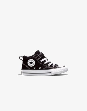 Black high-top Converse sneaker with white laces, Velcro strap, white rubber sole, and All Star logo on side.