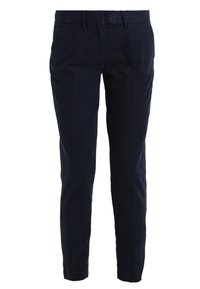 Námořnické modré kalhoty vyrobené z bavlny, s úzkým střihem, předními kapsami a plochým předním designem. Hladká textura s čistým provedením.