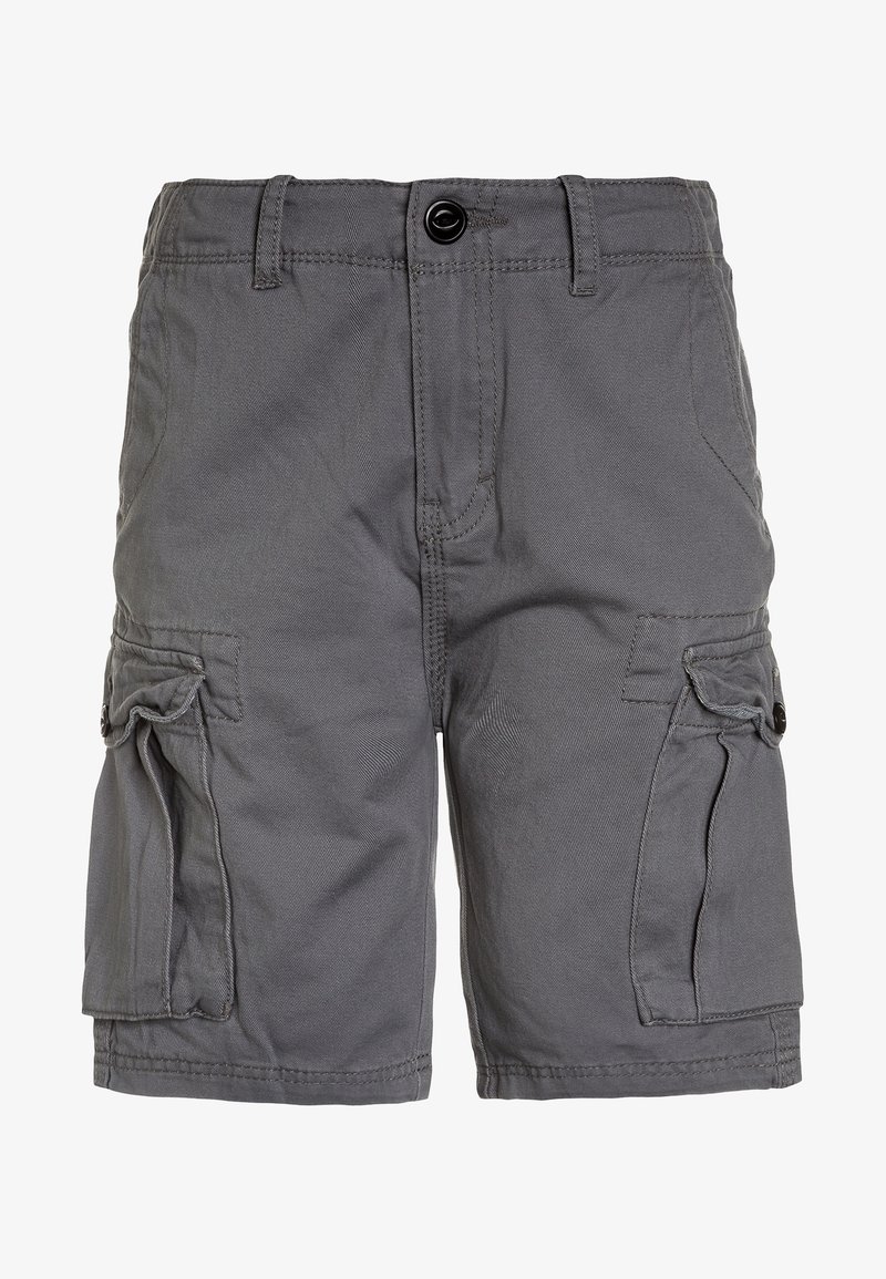 Short cargo gris avec bouton et fermeture éclair à l'avant, doté de poches latérales à rabat avec boutons et de passants de ceinture à la taille.