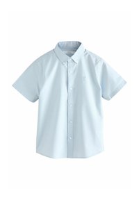 Camicetta azzurra chiara a maniche corte in cotone, con colletto button-down e un piccolo logo ricamato sul petto.