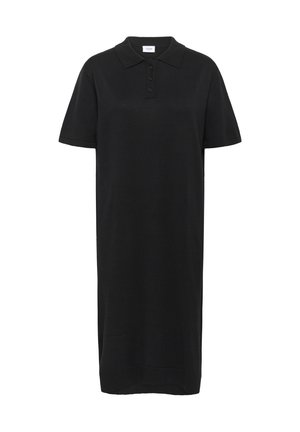 Black polo dress with short sleeves, classic collar, and a straight silhouette. Made from soft, textured fabric with four-button placket.