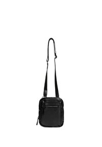 Borsa a tracolla nera in pelle con tracolla regolabile, forma rettangolare, tasca frontale con zip e texture liscia. Design compatto e funzionale.