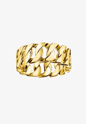 Breiter Goldkettengliedring mit dicken, polierten, ineinandergreifenden Gliedern, die ein durchgehendes Band auf weißem Hintergrund bilden.