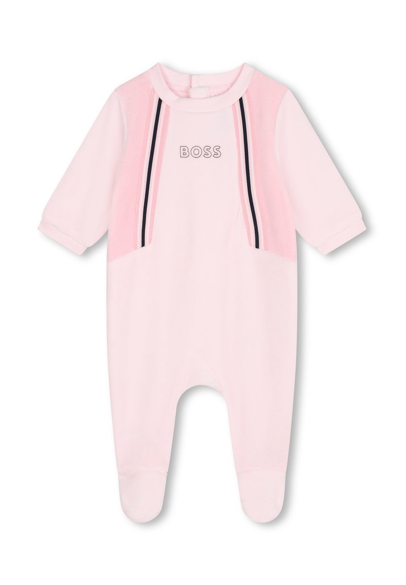 Combinaison en coton rose avec un col rond, des manches longues et un design de pieds. Présente des accents rayés noirs et navy et le logo "BOSS".