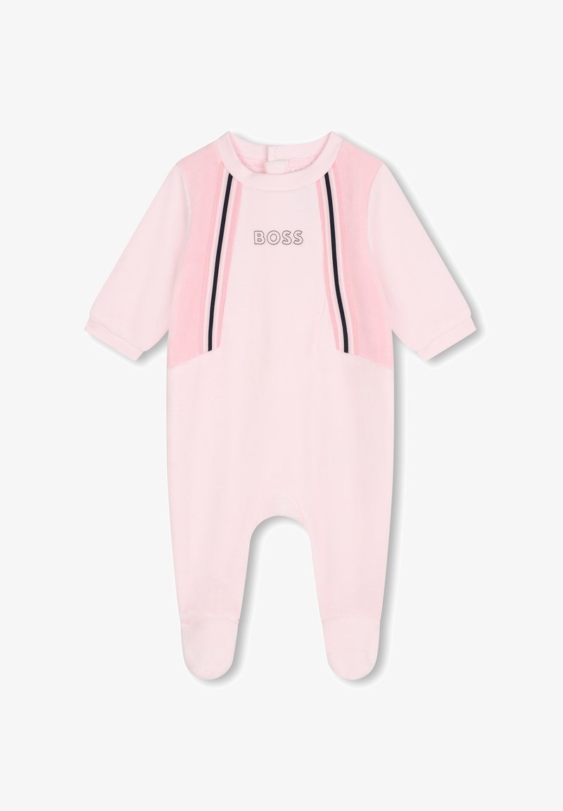 Combinaison en coton rose avec un col rond, des manches longues et un design de pieds. Présente des accents rayés noirs et navy et le logo "BOSS".