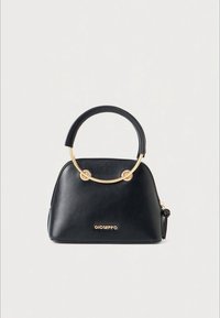 Black leather handbag with a rounded silhouette, gold hardware accents, and a circular handle. Features a logo on the front and a zip closure.