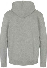 Grå huvtröja med mjuk textur, långa ärmar och en standard nederkantdesign, med en central söm på baksidan.