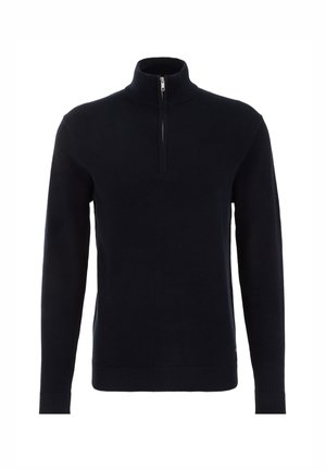 Middengrijs gebreide pullover met een hoge kraag en een rits tot halverwege. Beschikt over geribde manchetten en een zoom met een gestructureerd oppervlak.
