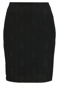 Jupe crayon noire avec un design texturé à motifs verticaux, une silhouette ajustée et une coupe au genou. Fabriquée à partir d'un tissu tissé.