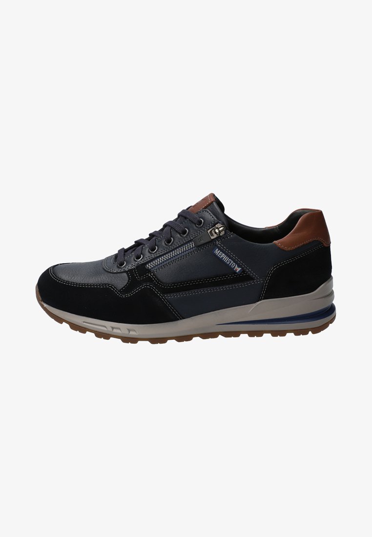 Dark navy and black sneaker with leather and textile upper, brown accents, and contrasting rubber sole. Features laces and zipper detail.