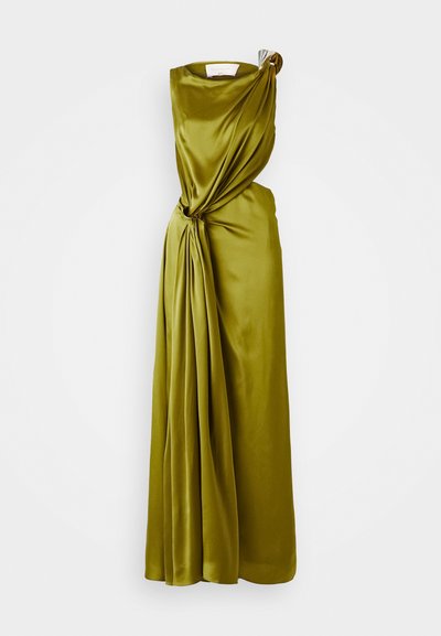 Satin vakarinė suknelė alyvuogių spalvos, su drapiruotu dizainu, viena petneša, sukimosi detale ties juosmeniu ir plaukiančia sijonu.