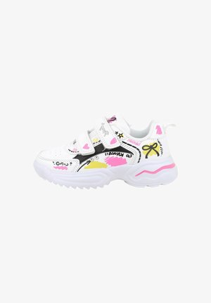 Sneakers bianchi con due cinturini in velcro, accenti neri e colorati in stile graffiti, una suola imbottita e una punta arrotondata.