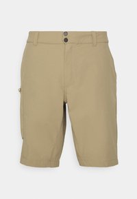 Beige shorts van lichtgewicht stof, met twee voorkruizen, een zijvak, en een knoopsluiting met riemlussen.