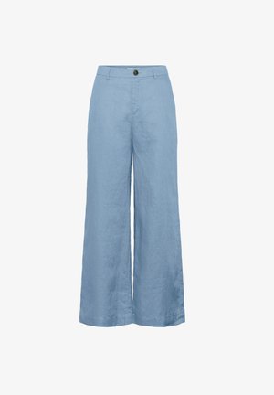 Heledad sinine laiade säärega linased püksid, millel on eesnuppe sulgemine, sujuva tekstuuri ja minimaalsete detailidega disain.