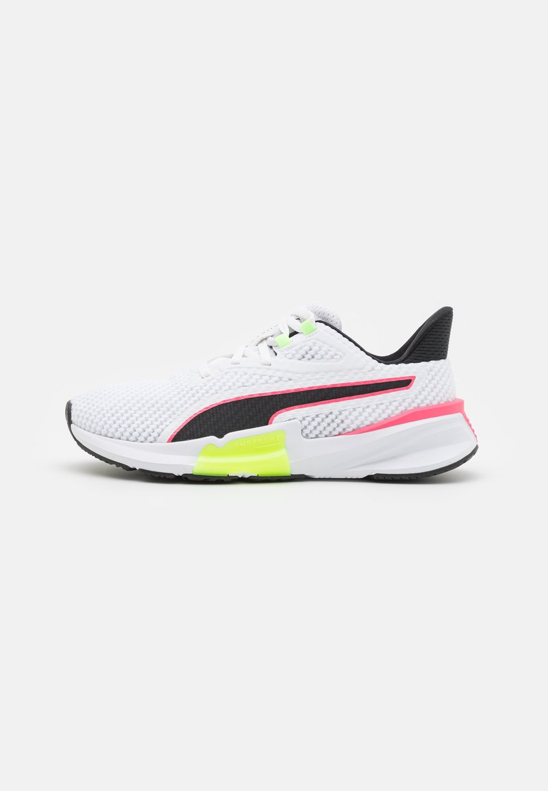 Zapatillas de running para hombre, parte superior de malla blanca, acentos negros, detalles en neón rosa y verde, suela acolchada, diseño ligero, paneles texturizados.