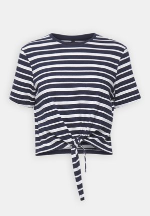 Navy and white striped cropped t-shirt with short sleeves, round neckline, and a front knot detail at the hemline. Soft cotton material.
