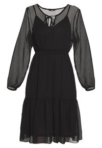 Svart midi klänning med genomskinliga långa ärmar, elastisk midja, flerlagad kjol och knytning vid halsen över ett innerlager i camisole-stil.