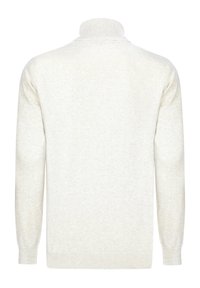Suéter color beige claro con un cuello alto acanalado y mangas largas. Tela de punto suave y texturizada. Sin patrones ni acentos visibles.