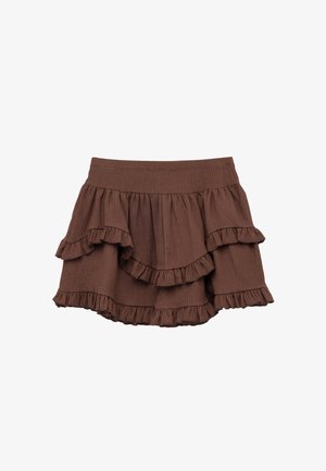 Jupe marron à volants avec un tissu texturé, présentant plusieurs niveaux de fronces le long de l'ourlet et une taille élastique pour le confort.