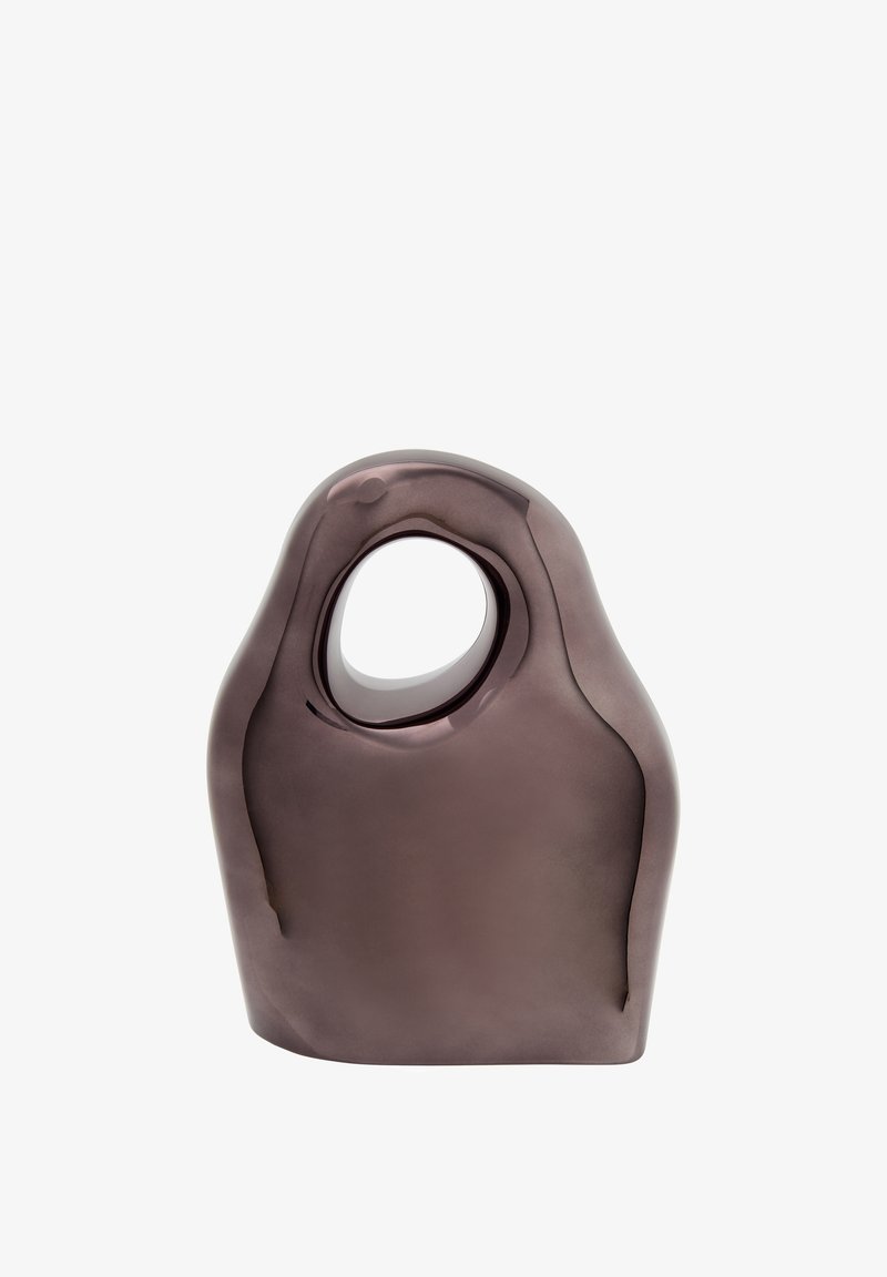 Translucent, dark purple vase with a rounded, slightly irregular shape and a central cutout handle. Smooth surface with subtle reflections.