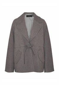 Grijze jas van wolmix met riem, reverskraag, twee voorzakken en een gladde voering. Stijlvol en toch functioneel ontwerp.