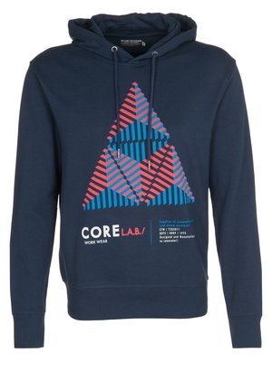 Marineblauer Hoodie mit geometrischem roten und blauen gestreiften Dreieck-Design und dem Schriftzug "CORE L.A.B. WORK WEAR" auf der Vorderseite.