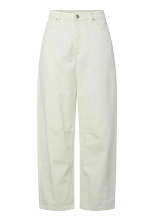 Pantalones de corte recto, cintura alta y color blanco hueso, con cierre de botones, trabillas para cinturón y bolsillos delanteros, mostrados sobre un fondo blanco.