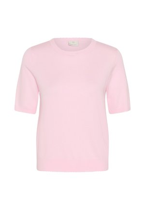 Suéter de punto de manga corta en color rosa suave, con escote redondo y una textura simple y lisa.