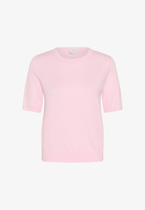 Weiches, rosafarbenes, kurzärmeliges Strickpullover mit rundem Ausschnitt und einfacher, glatter Textur.