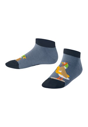 Blaue Knöchelsocken mit einem Enten- und Froschdesign; gerippter Bund, verstärkte Zehen und weiche Textur.