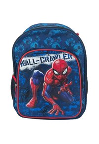 Zaino blu con un design di Spider-Man, caratterizzato da accenti rossi e una texture lucida. Include una stampa prominente "WALL-CRAWLER".