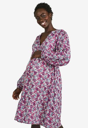 Blumenmuster-Kleid in Lila-, Pink- und Blautönen, mit langen Ärmeln, einem tiefen V-Ausschnitt und einer fließenden A-Linie-Silhouette. Aus Baumwollmaterial.