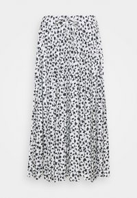 Jupe maxi en tissu blanc avec un imprimé floral noir. Dispose d'une taille froncée avec un cordon de serrage et d'un design plissé sur toute la surface.