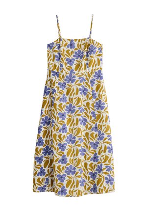 Blumenkleid mit dünnen Trägern, das ein gelb-weißes Muster mit blauen Blumen und grünen Blättern aufweist. Hergestellt aus leichtem Stoff.