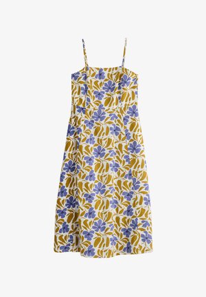 Bloemige jurk met dunne bandjes, met een gele en witte print, verfraaid met blauwe bloemen en groene bladeren. Gemaakt van lichtgewicht stof.