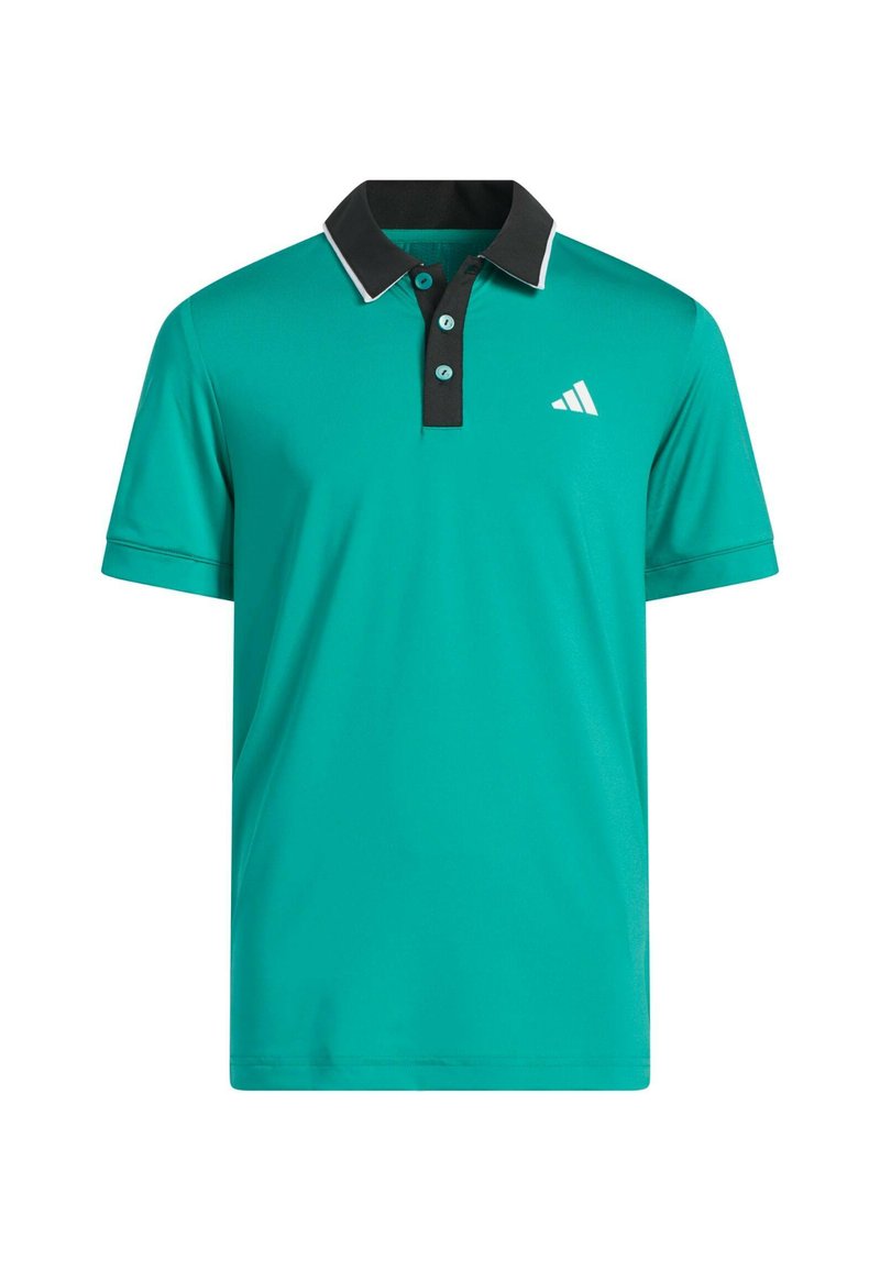 Turkis polo shirt med sort krave og knapliste. Har Adidas-logoet i hvidt på venstre bryst og en glat syntetisk tekstur.