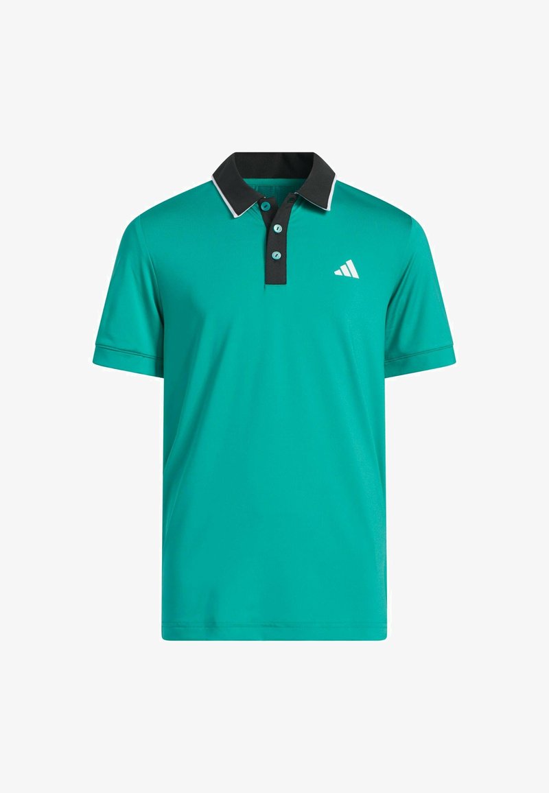 Tyrkysové polo tričko s černým límečkem a knoflíkovou légou. Na levé straně hrudi se nachází bílé logo Adidas a má hladkou syntetickou strukturu.