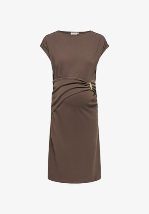 Rjava obleka do kolen s kratkimi rokavi, nabranim materialom in zlato zaponko v pasu, okrogla izrez, priložnostni slog.